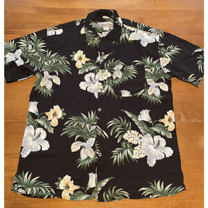 Caribbean Blues Button Up Hawaiian Shirt Men's XL Black Floral AOP Short Sleeve